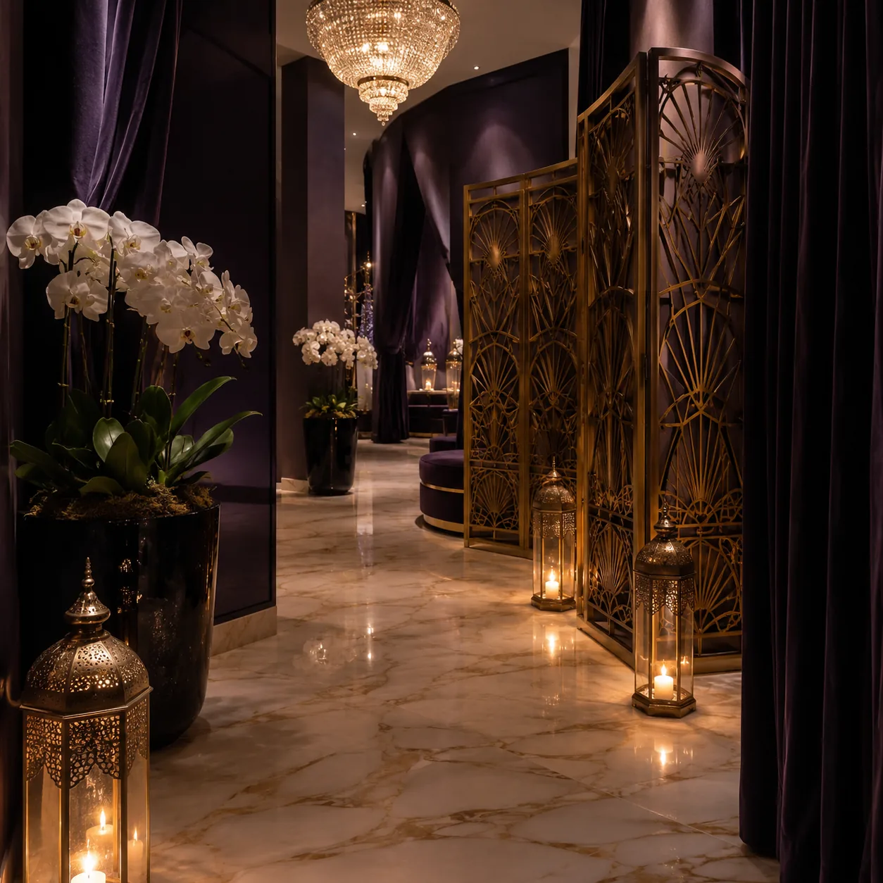 Giriş holü, avize ve paravan — Lila Spa, Taksim misafirlerine hizmet veren salon